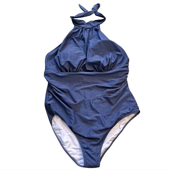 Cupshe Bianca Plunge Halter One Piece Ruched Swimsuit Dusty Blue 1x NWT - Picture 6 of 15